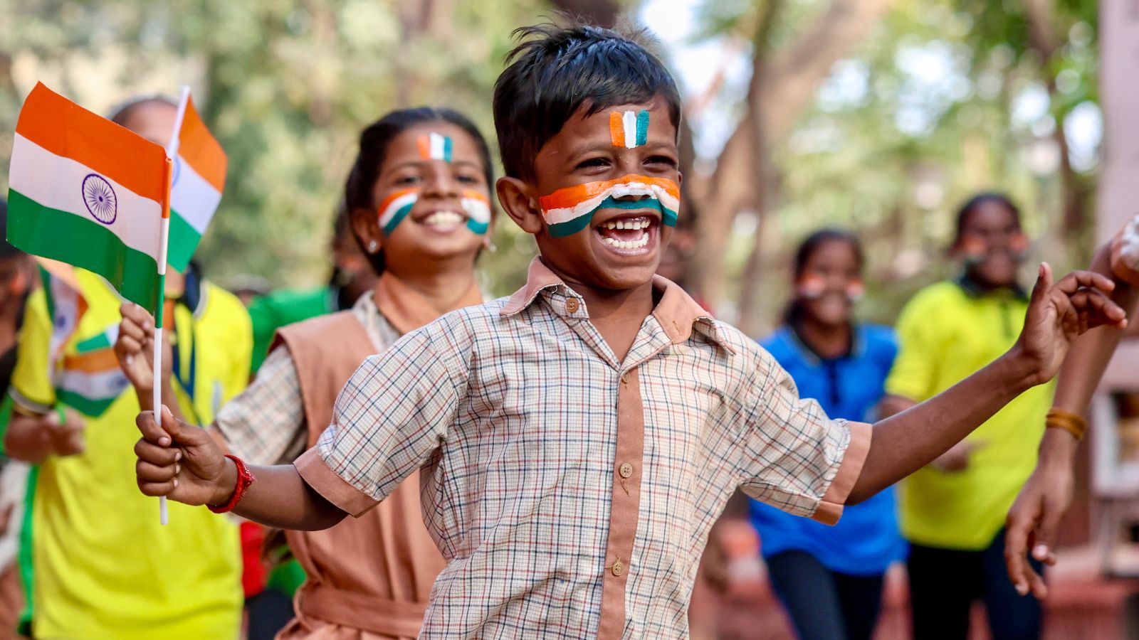 BMC school students participate in a tricolour face-painting activity organised by Akshaya Chaitanya ahead of Republic Day at BMC Maratha Compound in Byculla East, Mumbai, on Thursday. Express photo by Akash Patil 22.1.2026