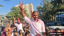 Shahaji Khuspe, the Thackeray faction candidate who defeated Shinde Sena's Ashok Vaity, celebrates on Friday. (Express photo by Deepak Joshi)