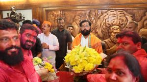 Deputy Chief Minister Eknath Shinde met and congratulated the winning candidates elected in the Thane Municipal Corporation elections at Tembhi Naka. Express photo