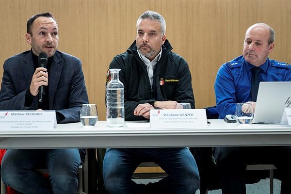 From left, Mathias Reynard, State Councillor and president of the Council of State of the Canton of Valais, Stephane Ganzer, State Councillor and head of the Department of Security, Institutions and Sport of the Canton of Valais and Frederic Gisler, Commander of the Valais Cantonal Police, during a press conference in Lens, following a fire that broke out at the Le Constellation bar and lounge leaving people dead