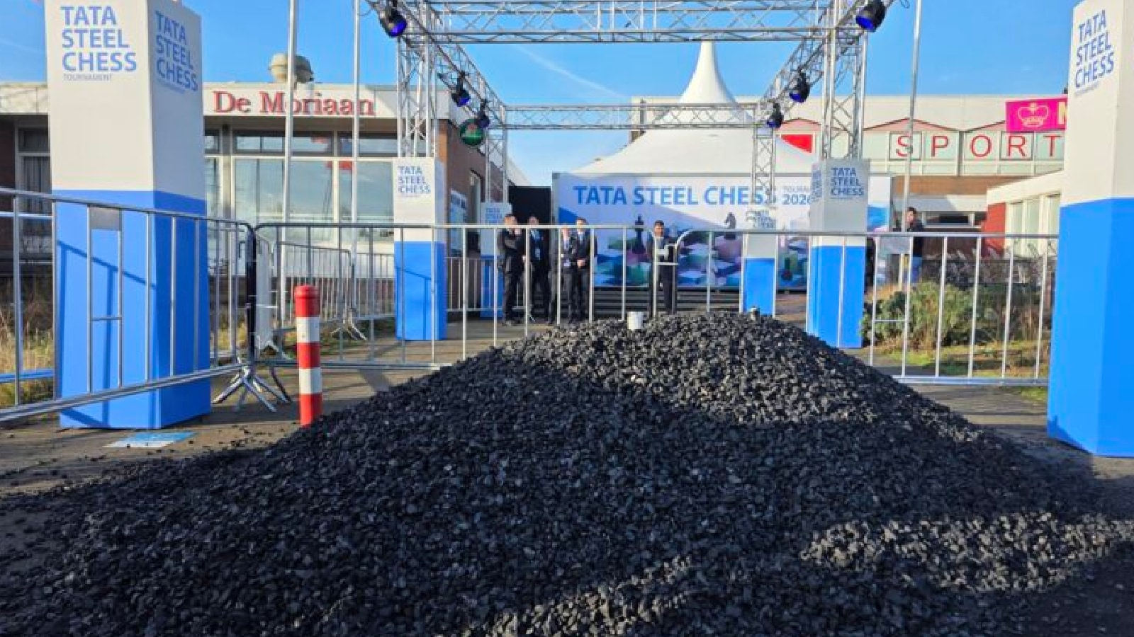 A mound of coal that was dumped outside the Tata Steel Chess tournament's venue by climate activists from the Extinction Rebellion group. (Photo: Extinction Rebellion)