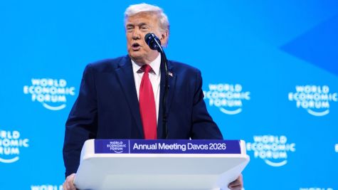 President Donald Trump addresses the audience during the Annual Meeting of the World Economic Forum in Davos, Switzerland, Wednesday, Jan. 21, 2026. (AP Photo/Evan Vucci)