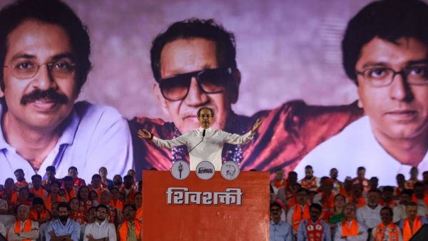 Shiv Sena (UBT) chief Uddhav Thackeray addresses a joint rally with MNS chief Raj Thackeray at Shivaji Park, Dadar.