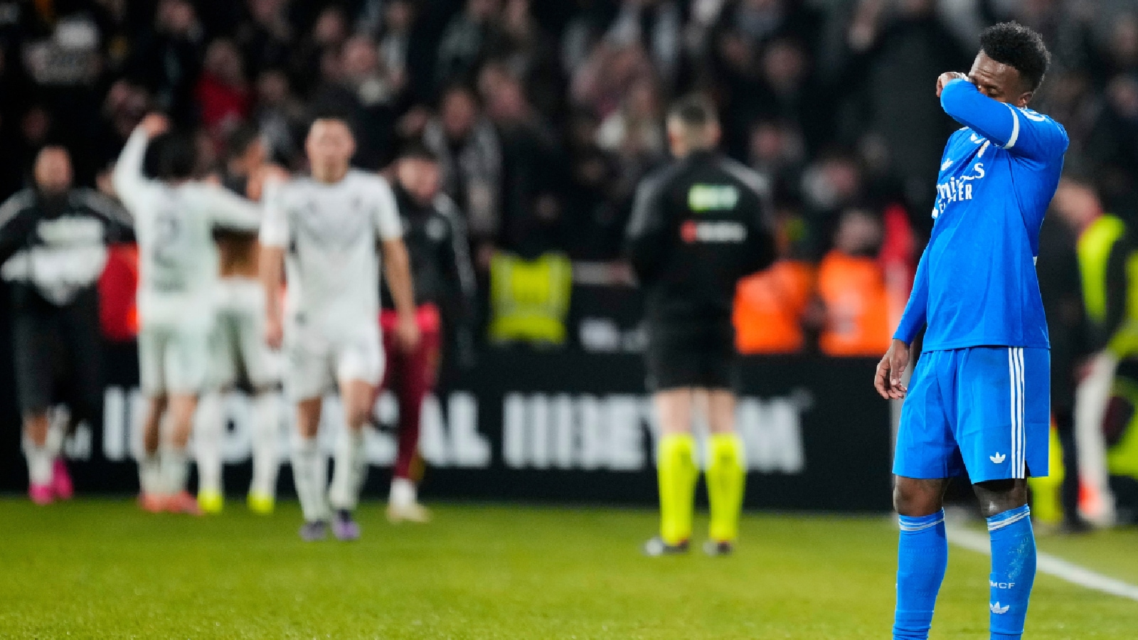 Real Madrid's Vinicius Junior reacts at the end of the Copa del Rey round of 16 soccer match between Albacete and Real Madrid, in Albacete on Wednesday. (AP Photo)