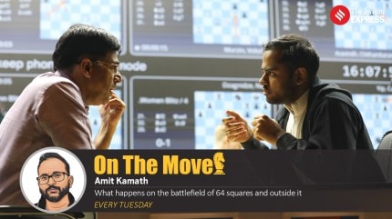 Five-time world champion Viswanathan Anand discusses after his game with Arjun Erigaisi at the Tata Steel India chess tournament. (Express Photo by Partha Paul)