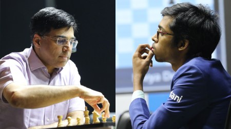 Viswanathan Anand (left) and R Praggnanandhaa at Tata Steel Chess India tournament (Express Photo by Partha Paul)