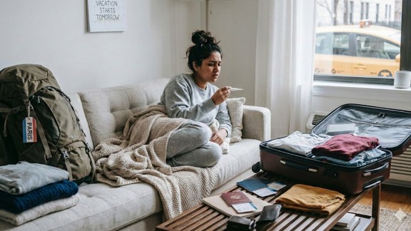 Sick woman on her couch, worried after checking her temperature with packed bags around her