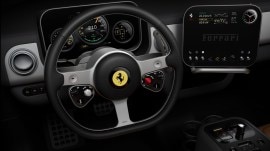 The steering wheel is light, made of recycled aluminium, and features a three-spoke design with clean lines inspired by the Ferraris of the 1950s and 1960s. (Image: Ferrari)
