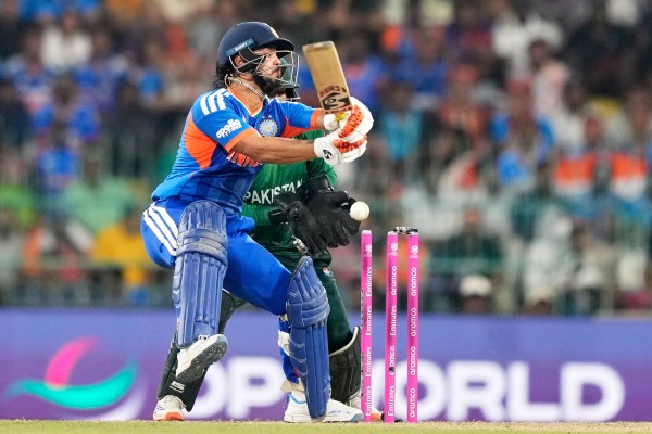 India's Ishan Kishan is bowled out by Pakistan's Saim Ayub during the T20 World Cup cricket match between India and Pakistan in Colombo. (AP Photo/Eranga Jayawardena)