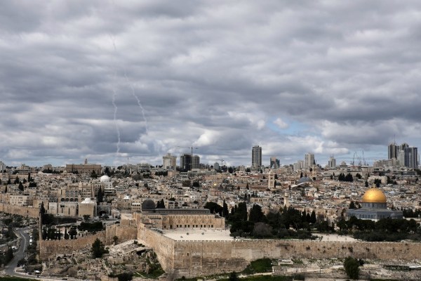 Traces of an air defence missile interception are seen, over Jerusalem's Old City, Saturday, Feb. 28, 2026.