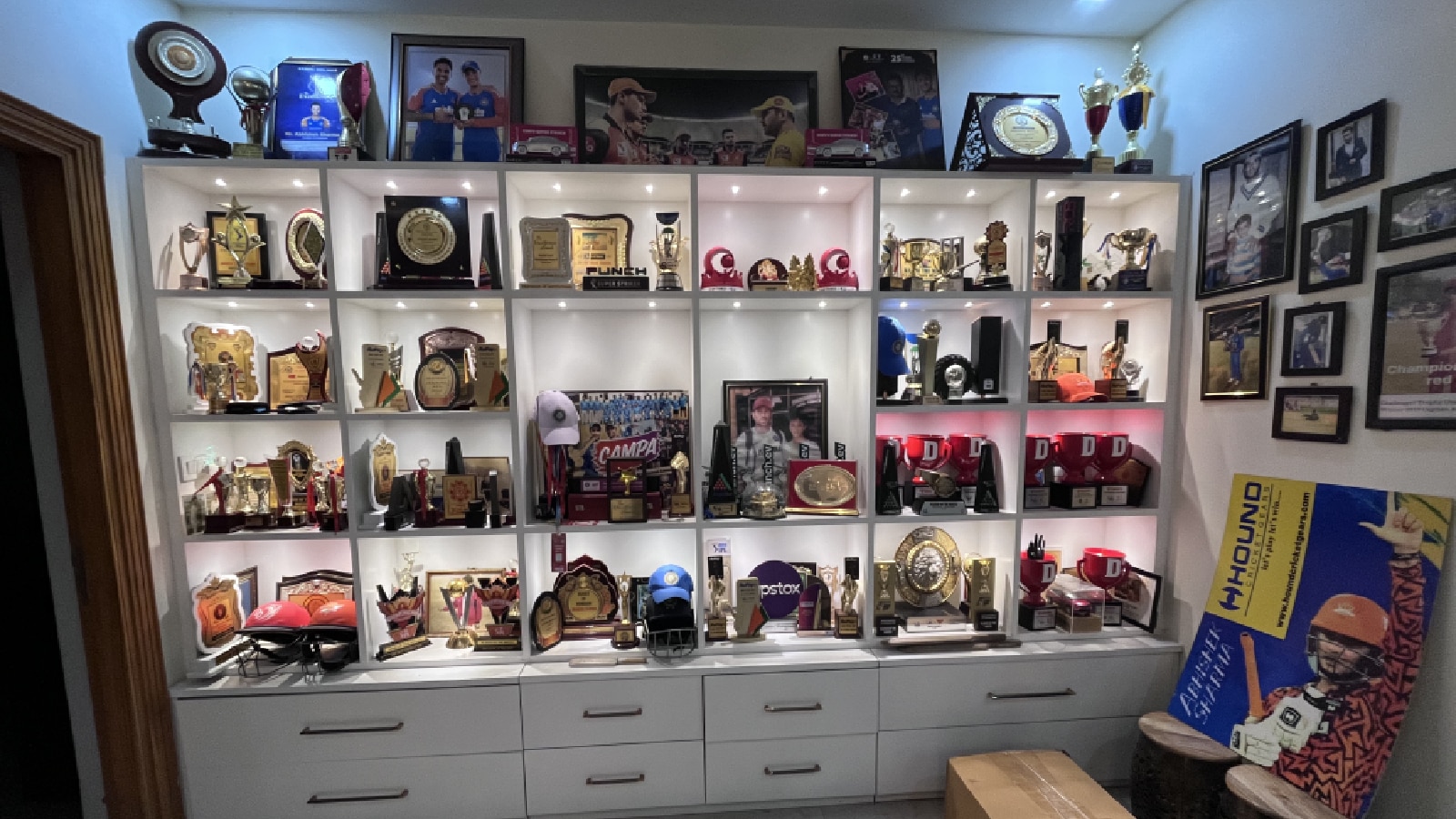 Abhishek Sharma's trophy cabinet at his residence in Amritsar. (Express photo by Rana Simranjit Singh)