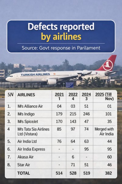 Defects reported by airlines