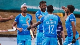Amit Rohidas (C) celebrates India’s first goal against Australia. (Credit: Hockey India)