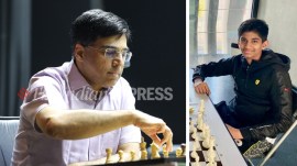 Viswanathan Anand is first Indian GM while Aarav Dengla (R) is the 93rd GM of India. (Credit: Express photo by Partha Paul & ChessbaseIndia)