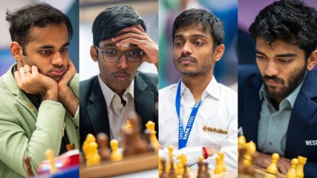 Indian Grandmasters Arjun Erigaisi, R. Praggnanandhaa, Aravindh Chithambaram and D. Gukesh in action during Tata Steel Masters in Wijk aan Zee. (PHOTO: Lennart Ootes)