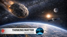 A massive asteroid looms near Earth in this illustration, underscoring how a small, well-timed nudge could prevent a global catastrophe.