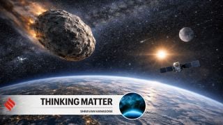 A massive asteroid looms near Earth in this illustration, underscoring how a small, well-timed nudge could prevent a global catastrophe.