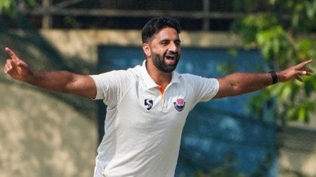 Jammu and Kashmirs Auqib Nabi plays a shot during the third day of the Ranji Trophy semifinal match between Bengal and Jammu and Kashmir at the Bengal Cricket Academy Ground, in Kalyani, West Bengal. (PTI Photo)