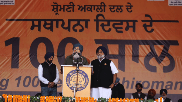SAD patriarch late Parkash Singh Badal while addressing party’s 100 years of foundation rally in Moga on December 14, 2021.