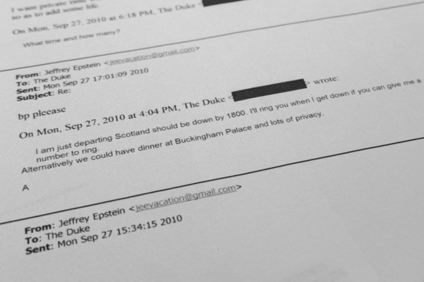 A document showing an email exchange between Jeffrey Epstein and Andrew Mountbatten-Windsor, formerly known as Prince Andrew, and who Epstein referred to as "The Duke," that was in a U.S. Department of Justice release, is photographed Saturday, Jan. 31, 2026.