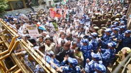 Congress workers during a protest against the state government in front of the Assembly on various issues, in Lucknow on Tuesday.