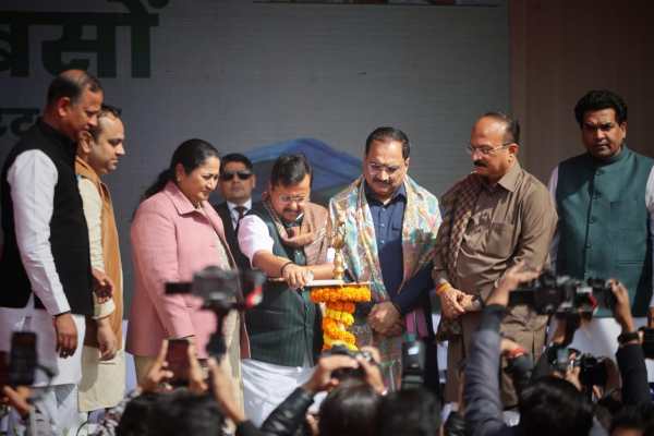BJP President Nitin Nabin, Delhi CM Rekha Gupta, Deputy CM Parvesh Sahib Singh and Cabinet Ministers of the Delhi government at the ceremony. (Express Photo/Tashi Tobgyal)