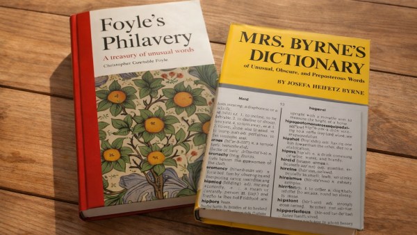 The book covers of Foyle's Philavery: A Treasury of Unusual Words and Mrs. Byrne's Dictionary. The 3D books are lying on a table. 