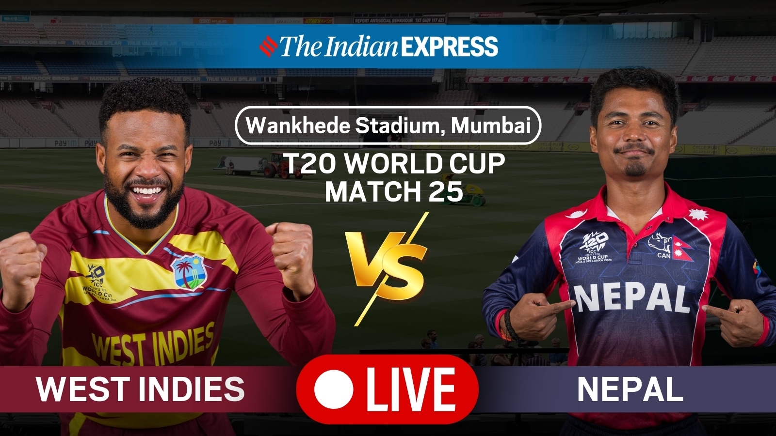  Follow West Indies vs Nepal match Live from Mumbai.