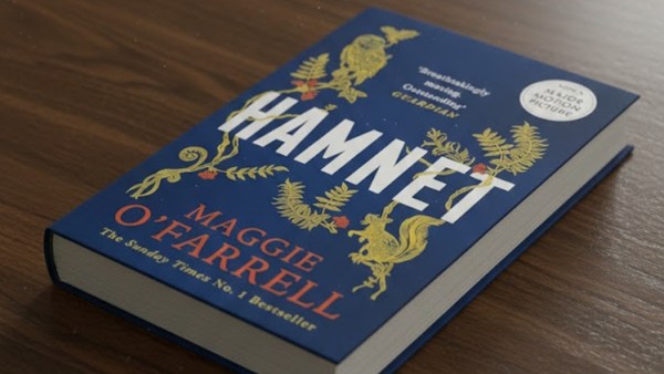 A 3D book cover of Maggie O'Farrell's  <em>Hamnet lying on a dark brown wooden table 