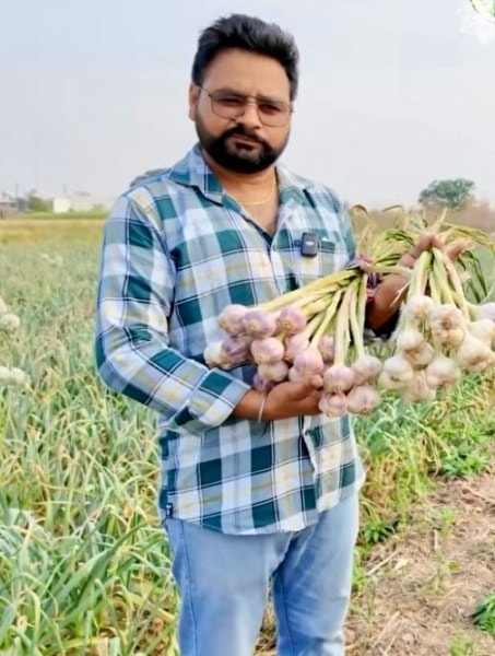 Farmer Atinder Singh at his garlic fields showing both garlic crop, bulb and Gathhi and several garlic products. (Express Photo)  