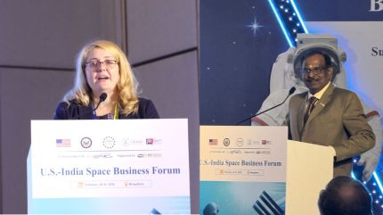 Carey Arun, acting consul general and principal commercial officer, US consulate general, Chennai., and (right) Dr V Narayanan, Secretary, Department of Space, addressing the US-India Space Business Forum in Bengaluru on Tuesday (Image courtesy: @USISPForum/X