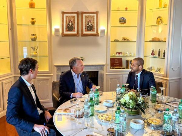 Oman's Minister of Foreign Affairs Sayyid Badr bin Hamad Al Busaidi, right, holds a meeting with White House special envoy Steve Witkoff, centre, and Jared Kushner, as part of the mediated Iranian-American negotiations, in Geneva. (AP Photo)