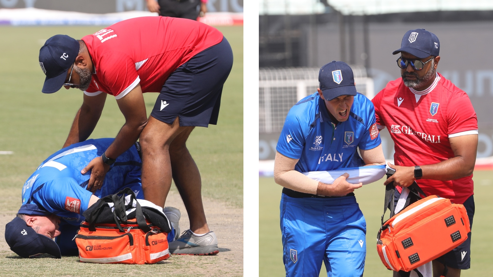 Captain of Italy, Wayne Madsen, leaves the ground after his injury during the ICC T20 World Cup 2026 against Scotland. (Express photo by Partha Paul)