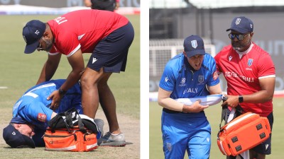 Captain of Italy, Wayne Madsen, leaves the ground after his injury during the ICC T20 World Cup 2026 against Scotland. (Express photo by Partha Paul)