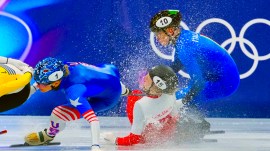 Kamila Sellier is injured after crashing and being struck in the face with a skate blade while competing during a short track speed skating women's 1,500 meters quarterfinal at the 2026 Winter Olympics. (Darryl Dyck/The Canadian Press via AP)