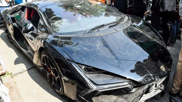 A damaged Lamborghini car seized by the Gwaltoli police station as the son of a tobacco businessman hit more than four people and injured several pedestrians, in Kanpur on Tuesday.