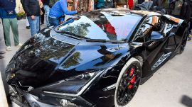 A view of the black Lamborghini that hits several people near the Rev 3, at Gwaltoli police station in Kanpur on Sunday. (ANI Photo)