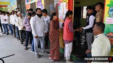 Maharashtra ZP, Panchayat Samiti Election Results 2026: Voters stand in a queue in Khed Shivapur village near Pune city on Saturday. (Express Photo/Pavan Khengre)