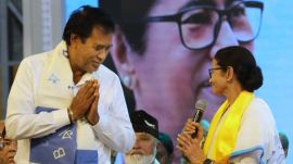 Bangabhibusan awardee Ananta Maharaj along with CM Mamata Banerjee during the International Mother Language day programme at South Kolkata on Saturday February 21,2026.Express photo by Partha Paul