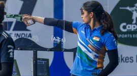 Indian sports shooter Manu Bhaker in action during 25m pistol shooting event at Asian Shooting Championship in New Delhi. (PHOTO: NRAI)