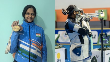 The 32-year-old shooter from Bengaluru, who is currently in the eighth month of her pregnancy, came through a world-class field to finish third in her event. (Express Photo by Pritish Raj/NRAI)