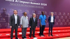 António Guterres (C), UN Secretary General, with Prof B Ravindran (2nd L), Head, WSAI, IIT Madras, at India AI Impact Summit