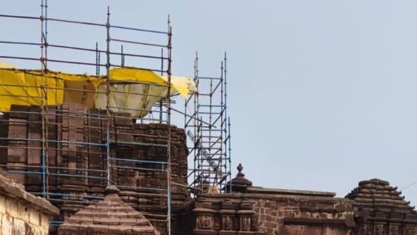 ASI restoration work underway at the Markanda temple in Chamorshi (Express Photo)