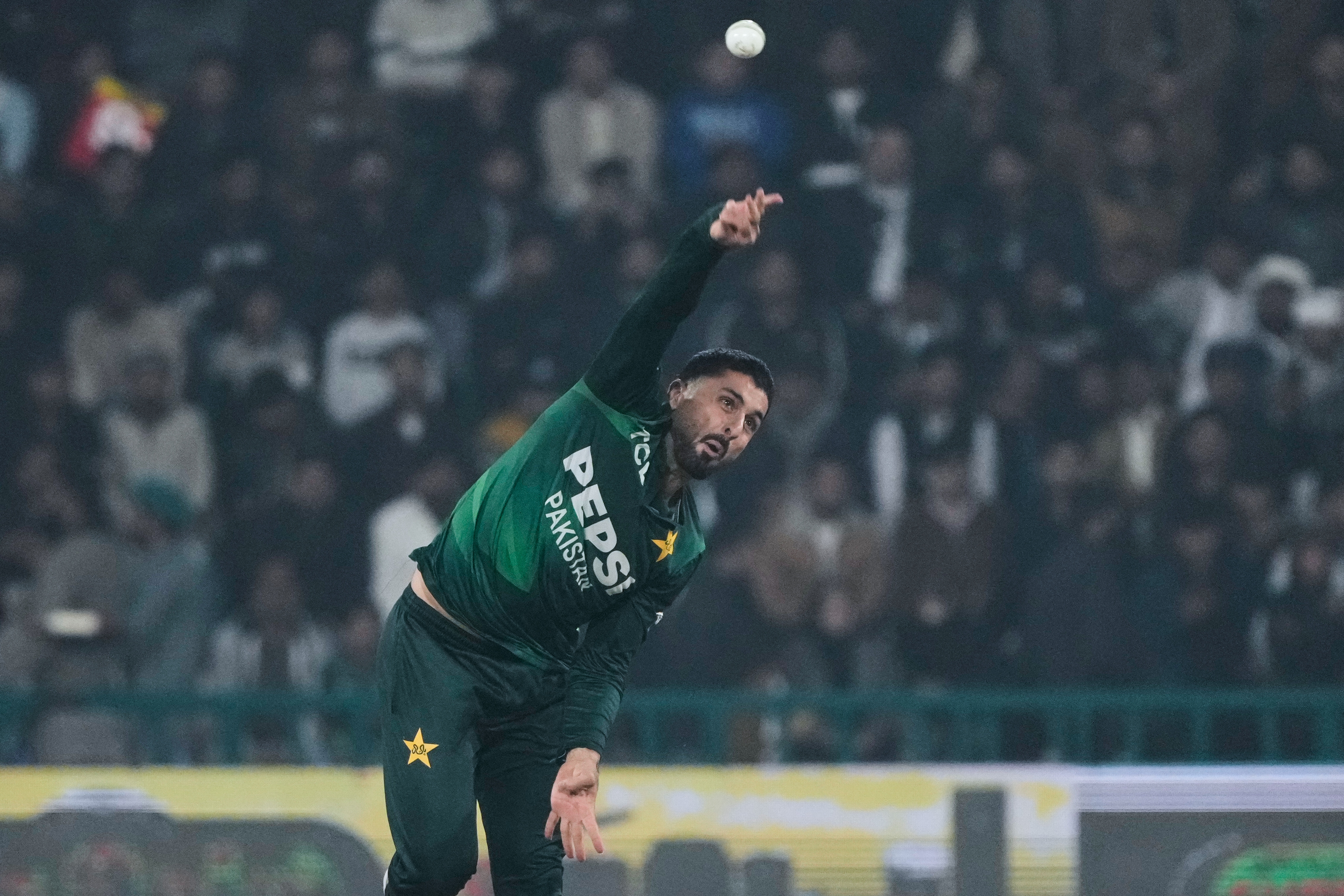 Pakistan's Abrar Ahmed bowls during the second T20 cricket match between Pakistan and Australia, in Lahore, Pakistan, Saturday, Jan. 31, 2026. (AP Photo/K.M. Chaudary)