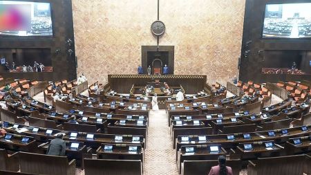 Rajya Sabha proceedings are underway during the Parliament Budget Session, in New Delhi on Friday. (Sansad TV/ANI)