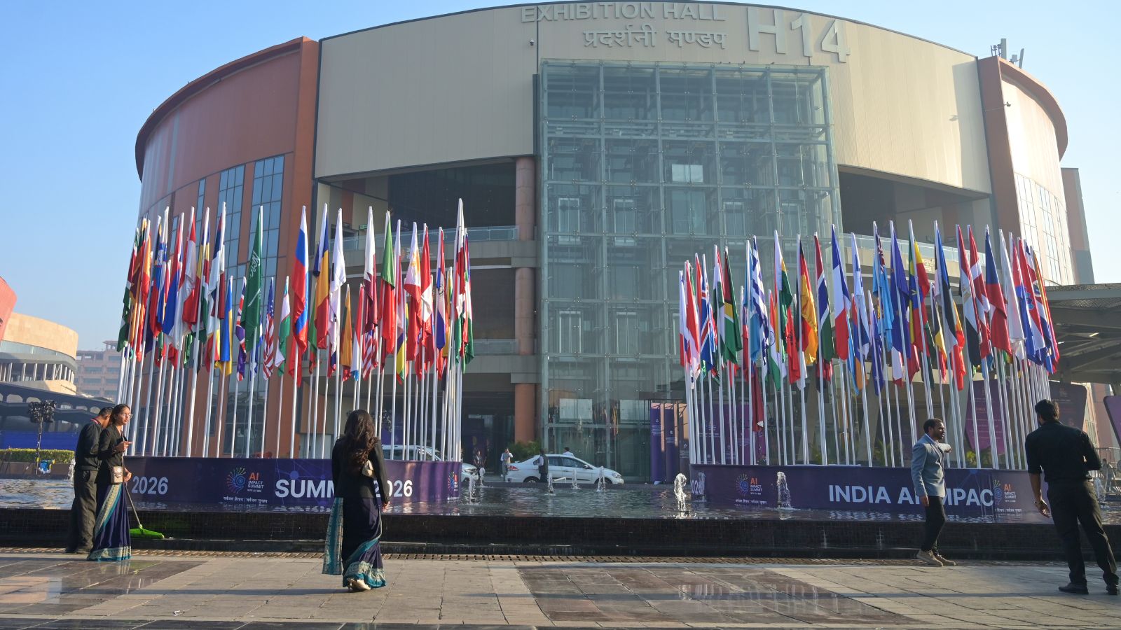 The venue of the AI-Summit in New Delhi, India, Monday, Feb. 16, 2026. (AP Photo)
