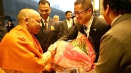 Uttar Pradesh Chief Minister Yogi Adityanath is welcomed upon his arrival at Haneda Airport during his two-day official visit to Japan aimed at boosting investments and industrial ties, in Tokyo, Japan. (@myogiadityanath/X)