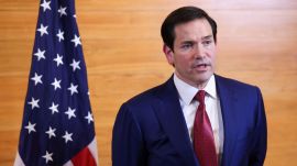 U.S. Secretary of State Marco Rubio speaks to reporters following meetings with Caribbean Community (CARICOM) leaders, at Robert L. Bradshaw International Airport in Basseterre, Saint Kitts and Nevis, Wednesday, Feb. 25, 2026. (Jonathan Ernst/Pool photo via AP)