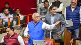 Congress leader and Leader of Opposition in the Haryana Assembly Bhupinder Singh Hooda speaks during the Budget session of the state Assembly, in Chandigarh, Monday, Feb. 23, 2026. (PTI Photo)