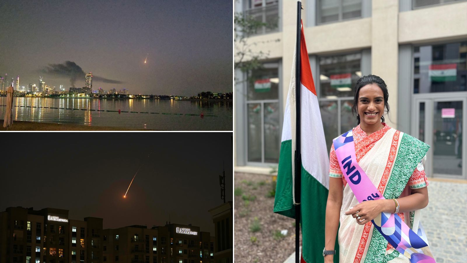 The flare of a projectile is seen over the skyline of Dubai, United Arab Emirates, Indian shuttler PV Sindhu (R). (Photo/AP, Reuters)